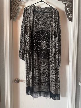 Bohemian Black & White Fringe Long Sleeve Maxi Dress